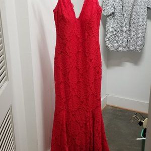 Red, floral, lace gown